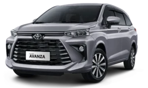 Mobil Toyota All New Avanza varian warna silver, tampak serong depan menonjolkan desain grille besar, headlamp tajam, dan garis bodi modern yang elegan berlatar belakang hitam pekat.