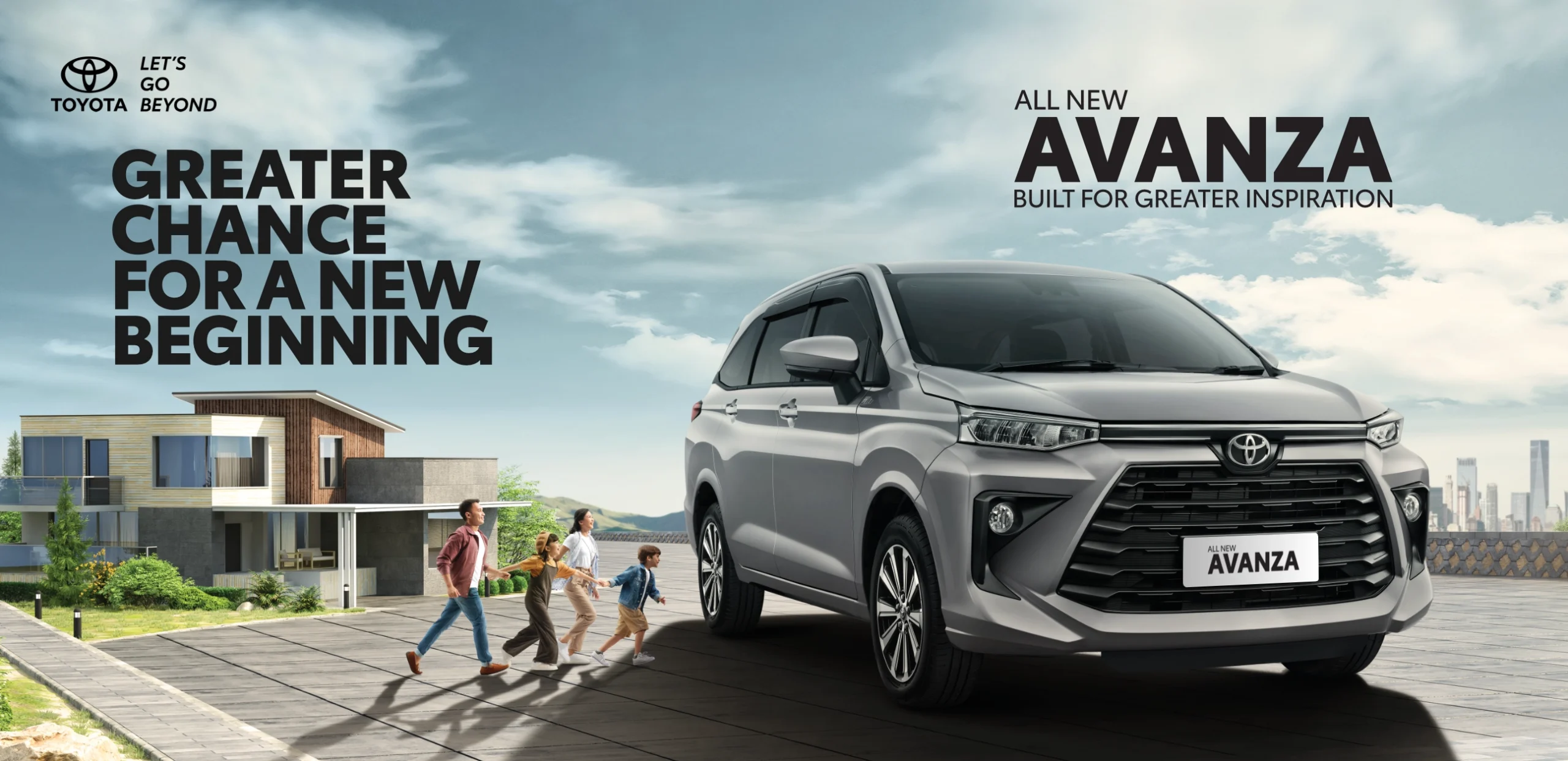 Banner promosi Toyota All New Avanza varian warna silver yang menampilkan sebuah keluarga bahagia berlatar belakang rumah modern, memuat tagline utama Greater Chance For A New Beginning dan Built For Greater Inspiration.