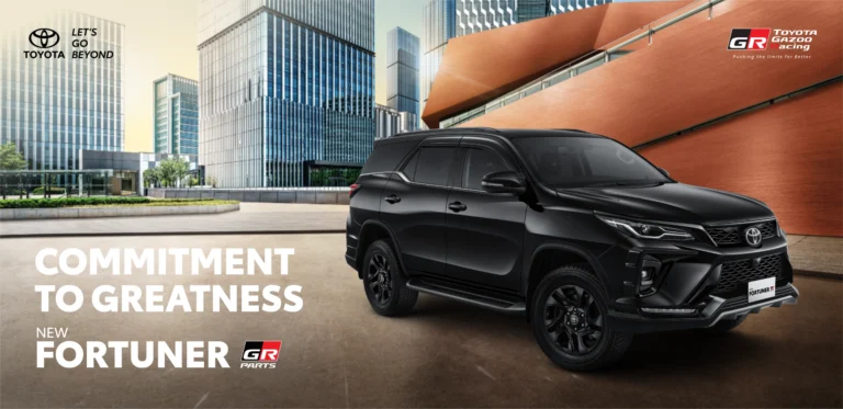 Banner promosi Toyota New Fortuner GR Parts warna hitam yang terparkir gagah di kawasan perkotaan berarsitektur modern, memuat tagline utama Commitment to Greatness dan logo Toyota Gazoo Racing.