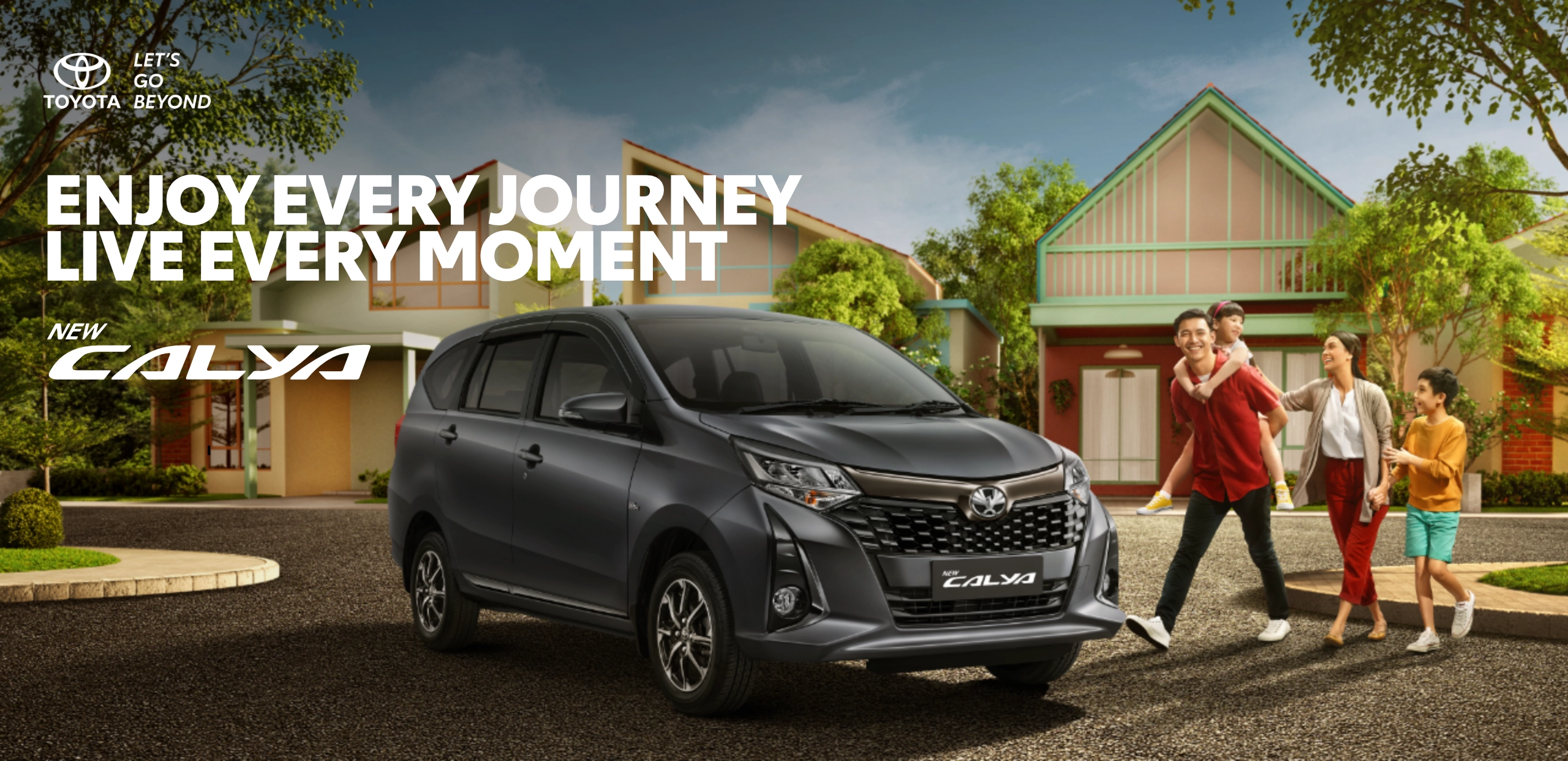 Banner promosi Toyota New Calya warna abu-abu gelap, menampilkan potret keluarga bahagia berlatar belakang kawasan perumahan asri, dilengkapi tagline Enjoy Every Journey, Live Every Moment.