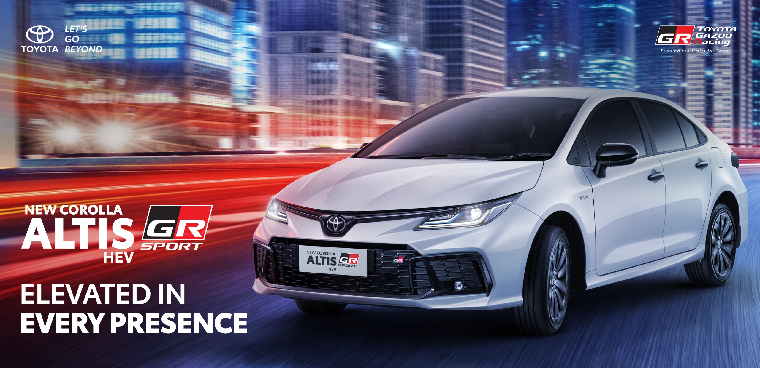 Mobil sedan putih New Corolla Altis HEV GR Sport melaju di jalan perkotaan dengan efek garis cahaya merah. Banner promosi dari Tunas Toyota ini dilengkapi teks NEW COROLLA ALTIS HEV GR SPORT, tagline ELEVATED IN EVERY PRESENCE, serta logo Toyota Gazoo Racing