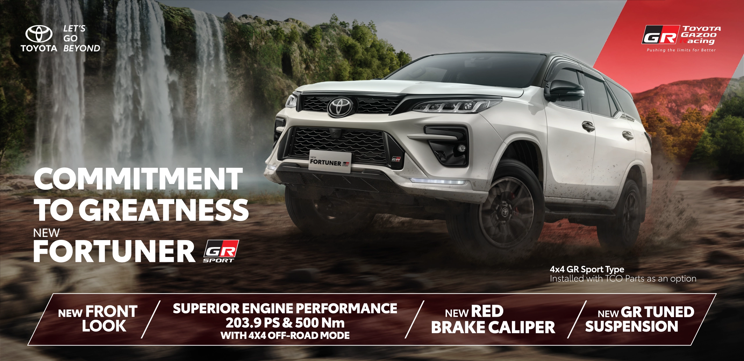 Banner promosi Toyota New Fortuner GR Sport 4x4 warna putih yang melaju tangguh membelah lintasan tanah off-road dengan latar belakang air terjun megah, memuat tagline Commitment to Greatness serta keunggulan performa mesin 203.9 PS dan suspensi GR.
