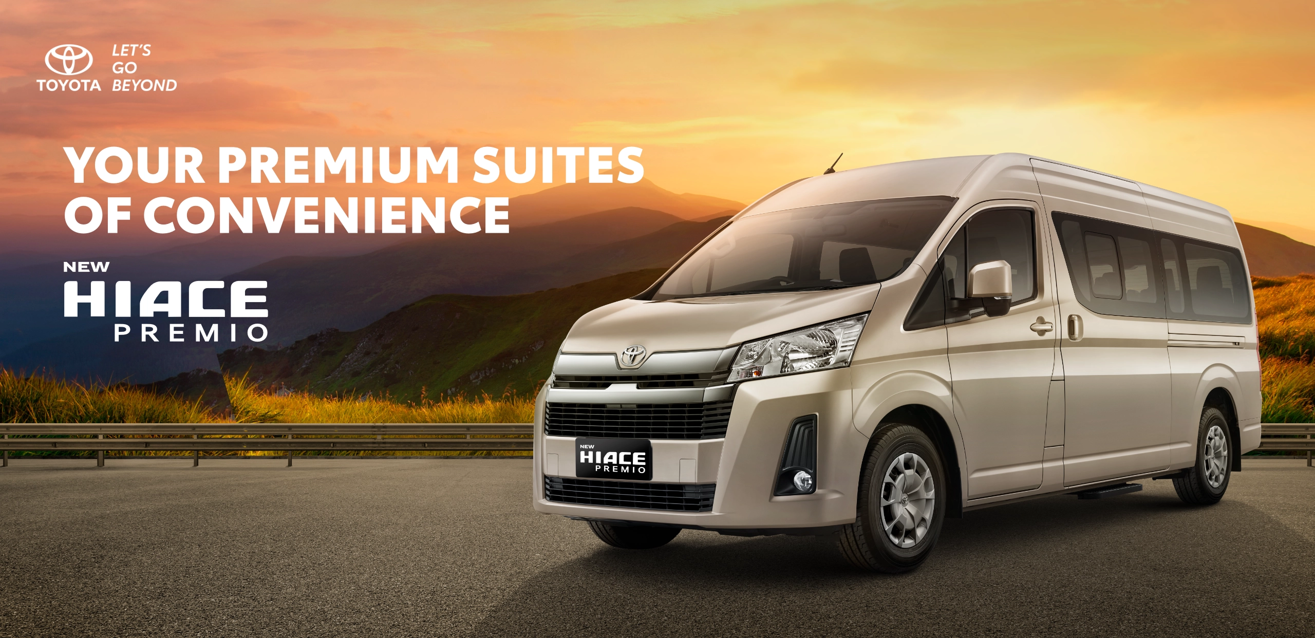 Banner promosi Toyota New Hiace Premio warna beige yang melaju elegan di jalanan pegunungan dengan latar belakang pemandangan senja keemasan, memuat tagline Your Premium Suites of Convenience.