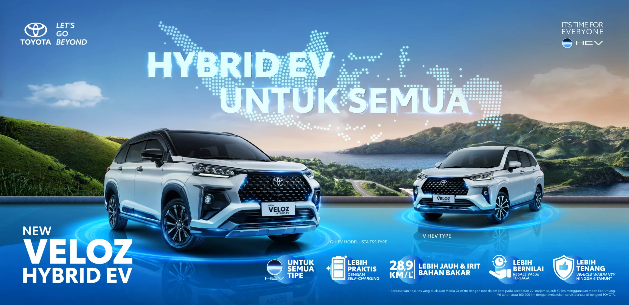 Banner promosi Toyota New Veloz Hybrid EV menampilkan tipe Q HEV Modellista TSS dan V HEV berwarna putih dengan latar pemandangan alam dan siluet peta Indonesia. Memuat keunggulan irit bahan bakar 28,9 KM/L, teknologi self-charging, resale value terjaga, dan garansi kendaraan 6 tahun.