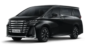 Mobil Toyota All New Vellfire HEV VIP varian warna hitam, tampak serong depan menonjolkan desain grille horizontal tebal yang agresif, aksen krom elegan, dan siluet MPV premium berlatar belakang hitam pekat.