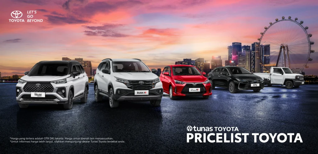 Banner promosi Pricelist Toyota menampilkan jajaran mobil Toyota mulai dari Veloz, Rush, Agya, Altis, hingga pikap Rangga yang terparkir sejajar dengan latar belakang pemandangan kota modern saat senja.