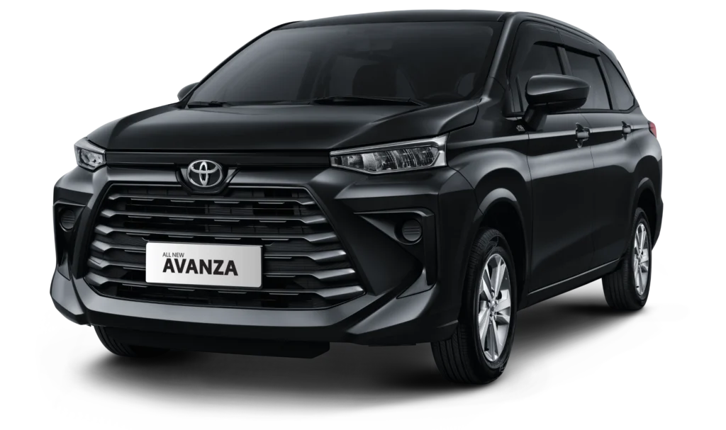 Mobil Toyota All New Avanza Tipe E varian warna hitam, tampak serong depan berlatar belakang hitam pekat, menampilkan esensi MPV keluarga yang tangguh, praktis, dan fungsional.