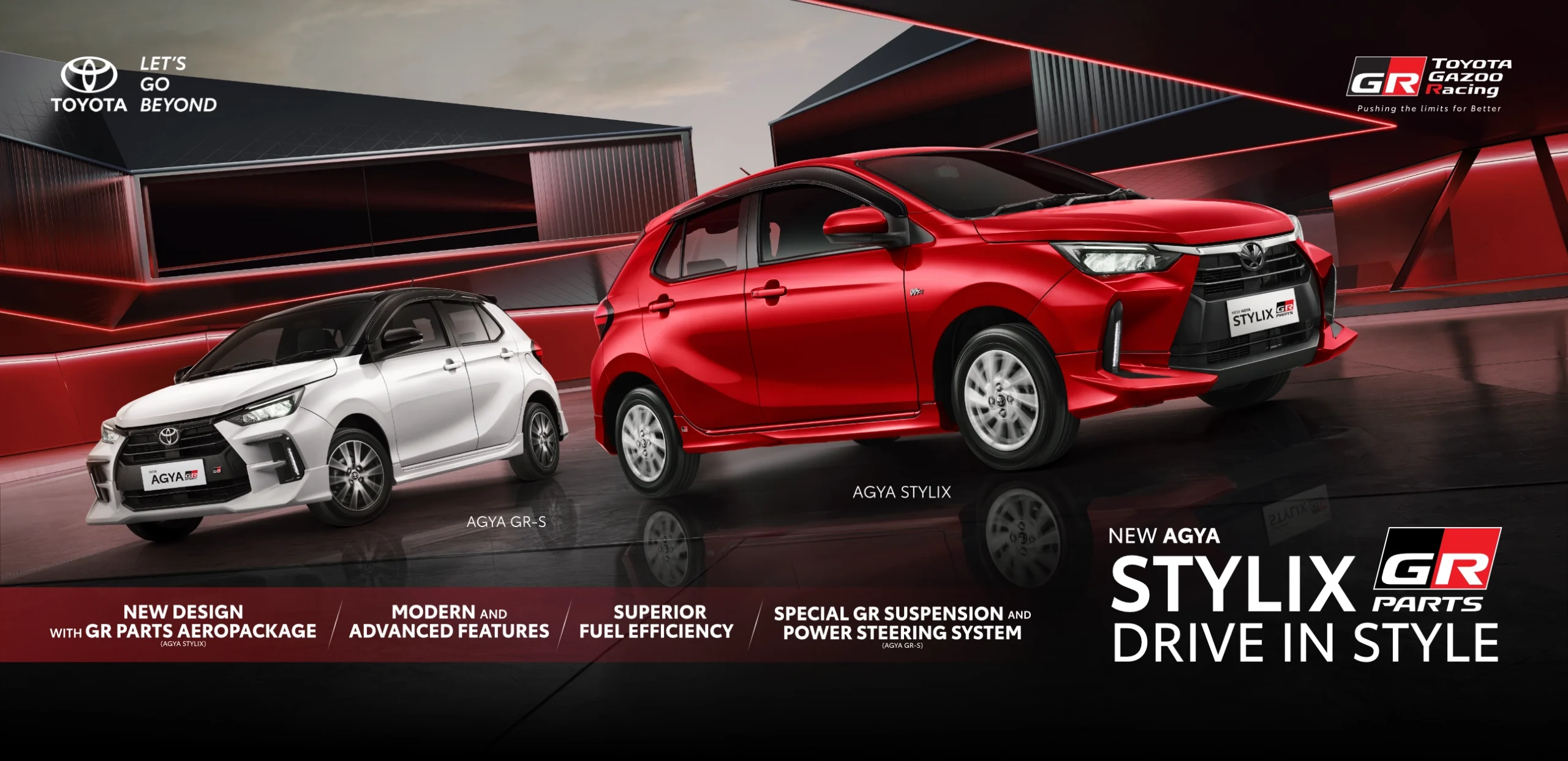 Banner promosi Toyota New Agya Stylix warna merah dan Agya GR-S warna putih dengan latar belakang bernuansa Toyota Gazoo Racing. Menampilkan keunggulan desain GR Parts Aeropackage, fitur modern, efisiensi BBM, dan suspensi khusus GR.