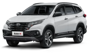 Mobil Toyota New Rush GR Sport varian warna putih, tampak serong depan menonjolkan desain SUV tangguh dengan grill hitam dan aerokit GR Sport, berlatar belakang hitam pekat.