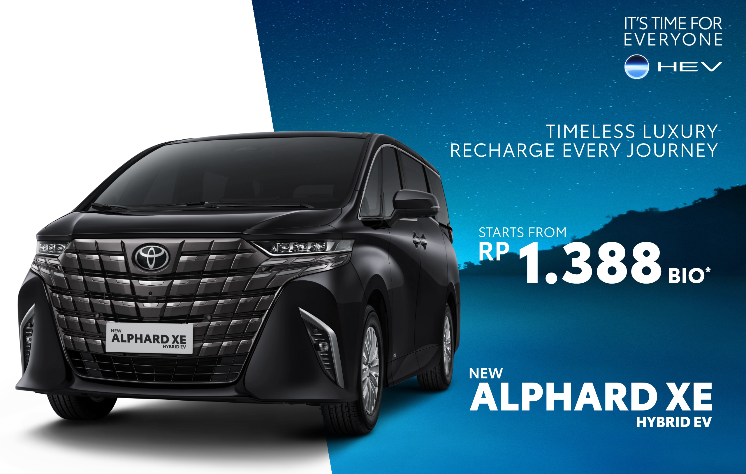 Banner promosi Toyota New Alphard XE Hybrid EV warna hitam, menampilkan mobil MPV mewah dengan harga mulai dari Rp 1,388 Miliar dan tagline Timeless Luxury di Tunas Toyota.