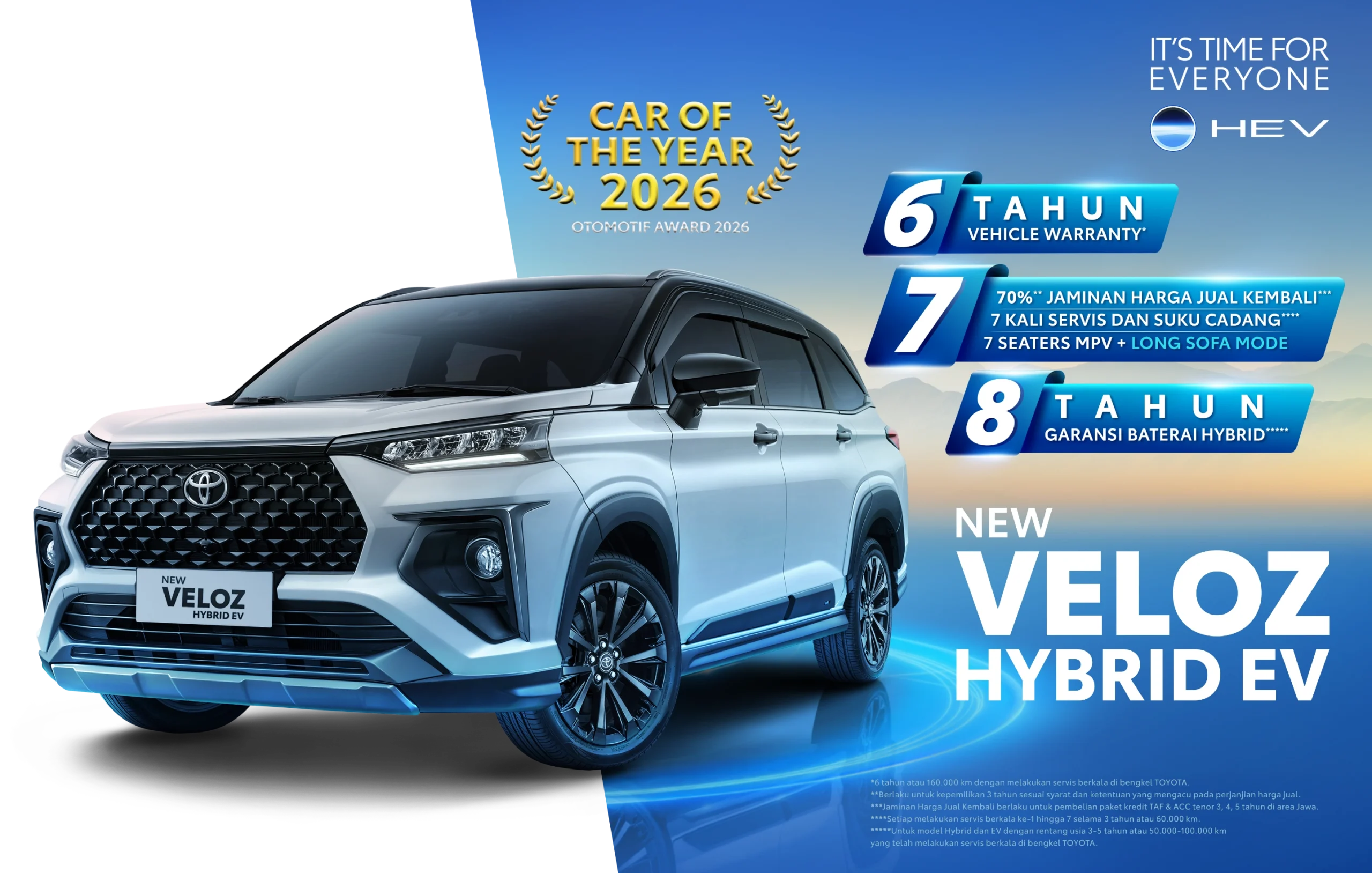 Banner promosi Toyota New Veloz Hybrid EV warna putih, menampilkan penghargaan Car of the Year 2026 serta program promo 6 tahun garansi kendaraan, jaminan harga jual kembali 70 persen, dan 8 tahun garansi baterai hybrid di Tunas Toyota.
