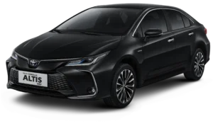 Tampilan studio tampak depan tiga perempat (3/4) mobil sedan Toyota New Corolla Altis HEV warna hitam elegan dengan latar belakang putih. Gambar produk utama resmi dari Tunas Toyota.